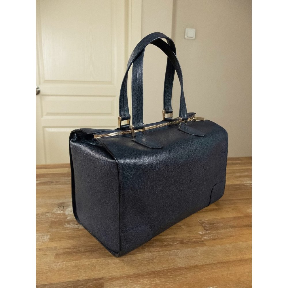 $3190 VALEXTRA blue Milano textured leather handbag tote bag authentic